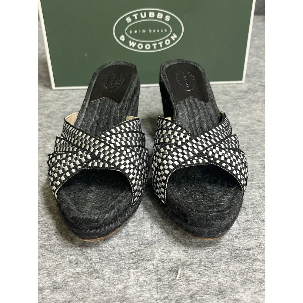 Stubbs Wooton Sandals Womens 7 Check Noir Kelly Espadrilles Wedges Rib Open Toe